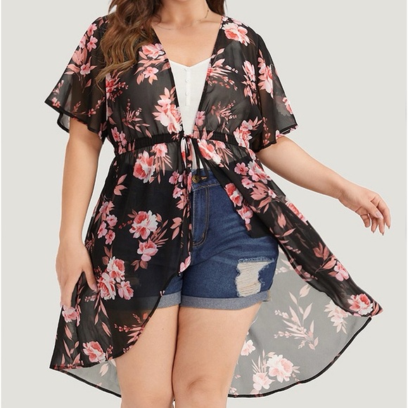 BloomChic Other - BloomChic Black & Pink Floral Sheer High Low Kimono Cover Up Plus Size 2X